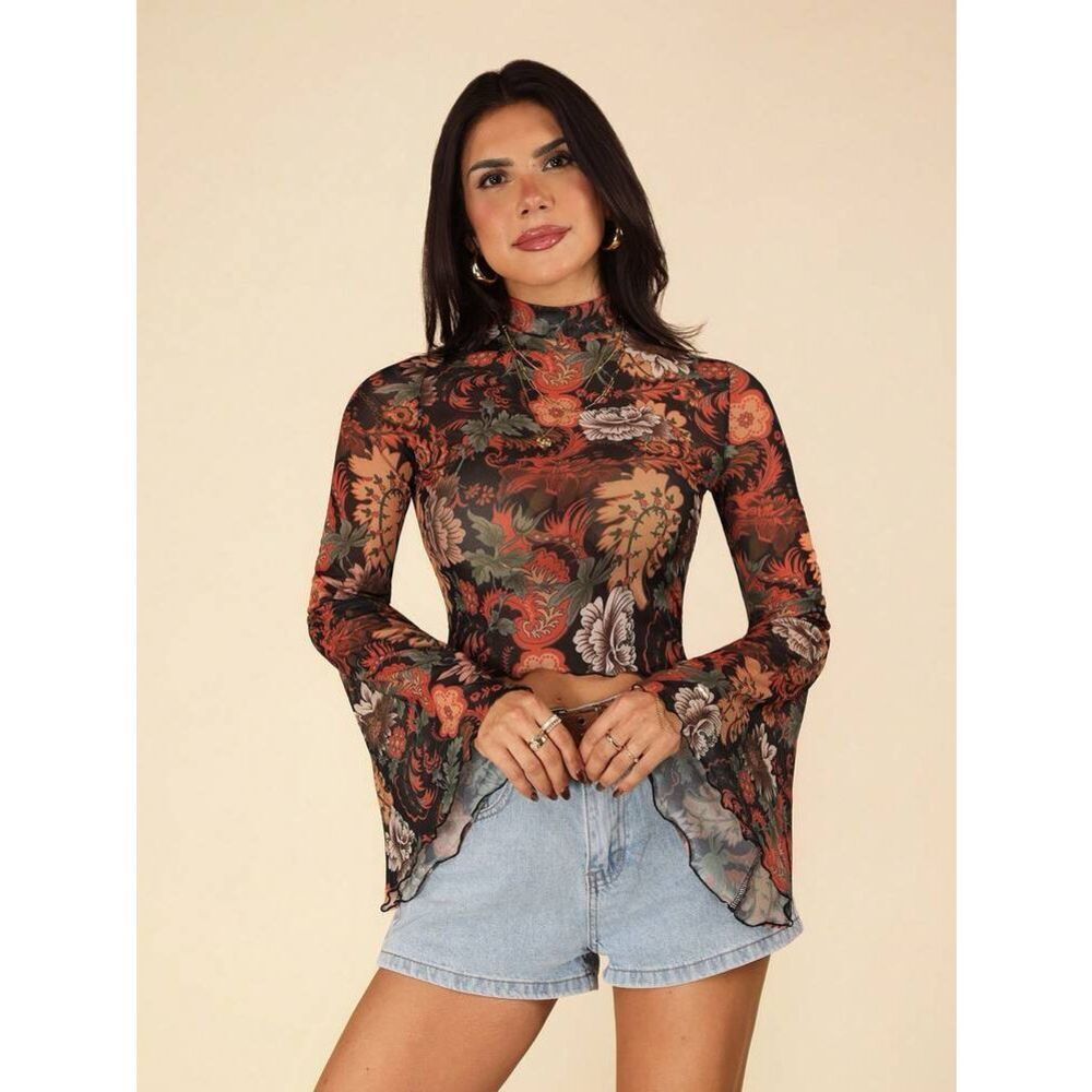Shein Coeurva Sheer Floral Paisley Bell Sleeve Cropped Festival Top Sz. S